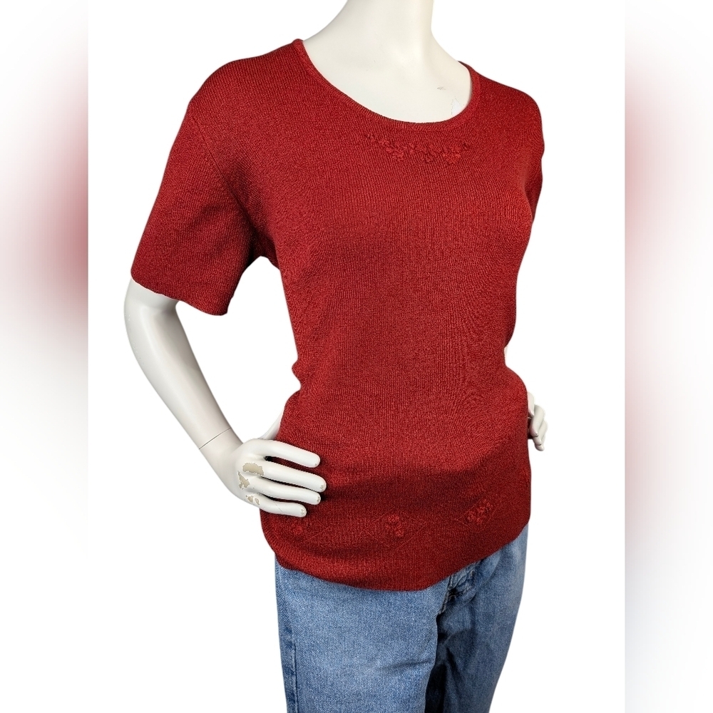 D'allaird Vintage Rust Short Sleeve Knit With Floral Details, Women's Medium